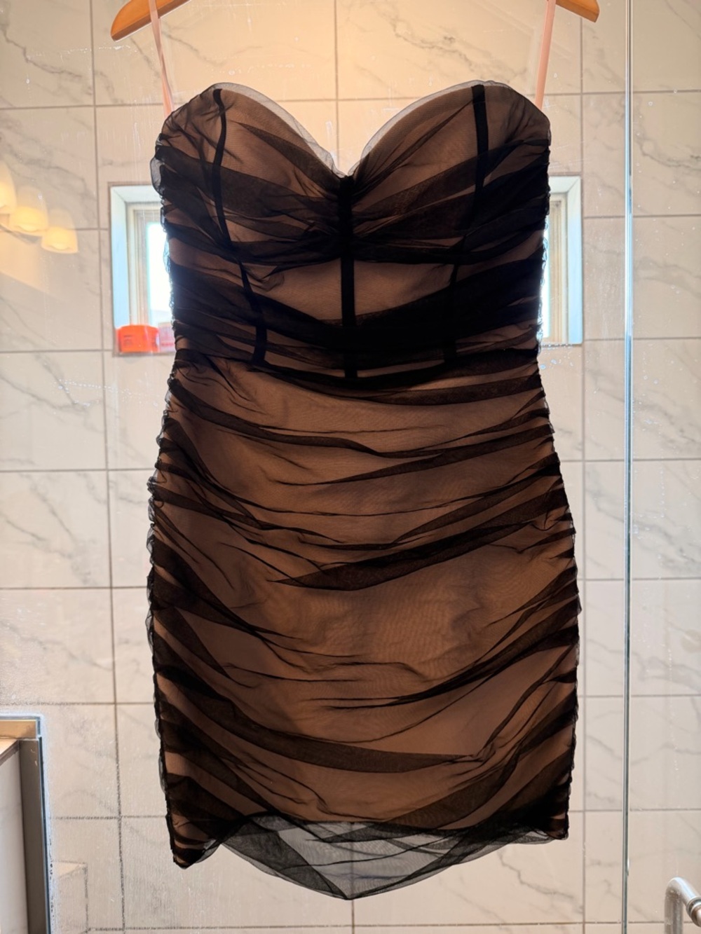 Fashion Nova Black Strapless Ruched Mesh Bodycon Dress